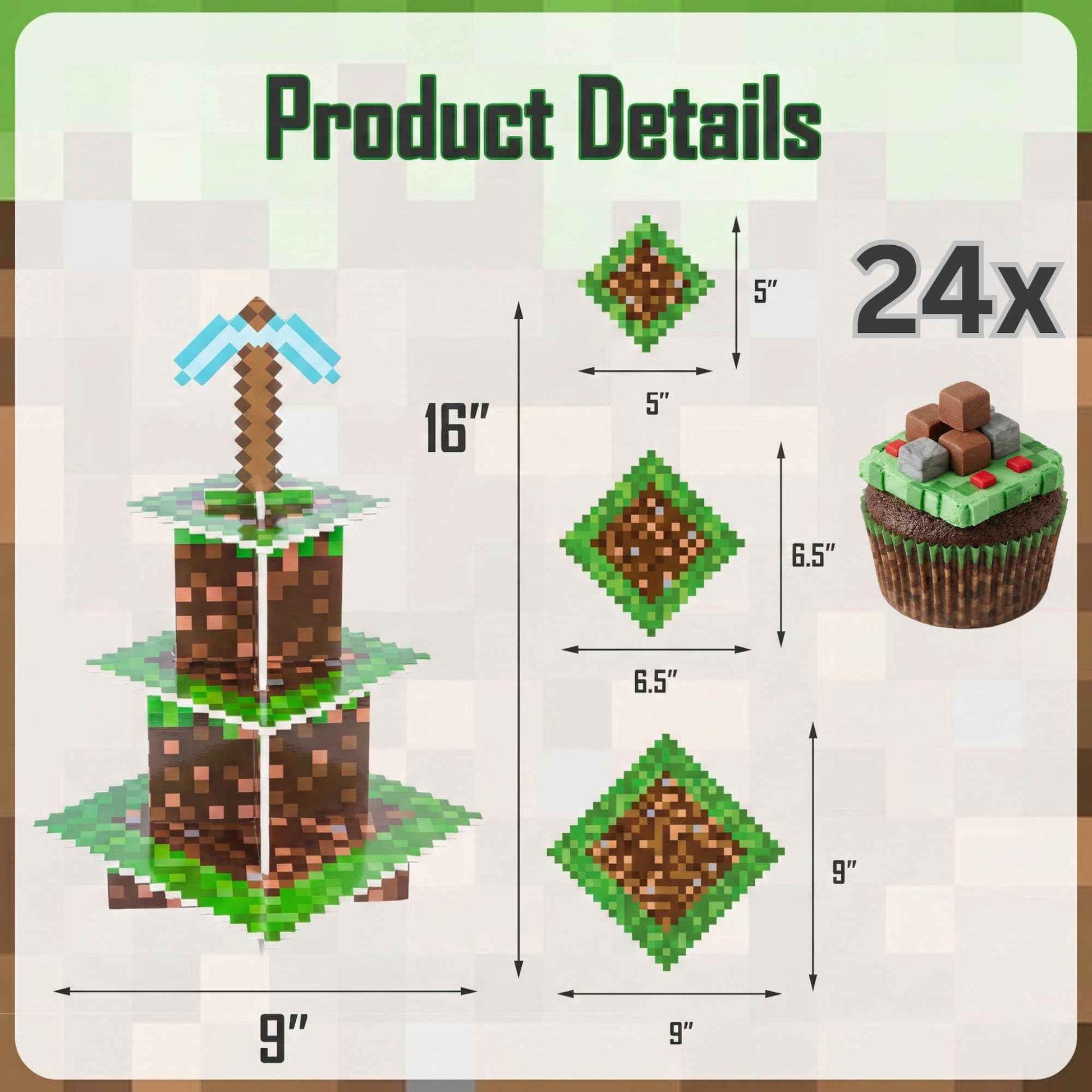 Camtoms Cupcake Stands for Miner Crafting Birthday Party Decorations, Pixel Game Style Cupcake Holder