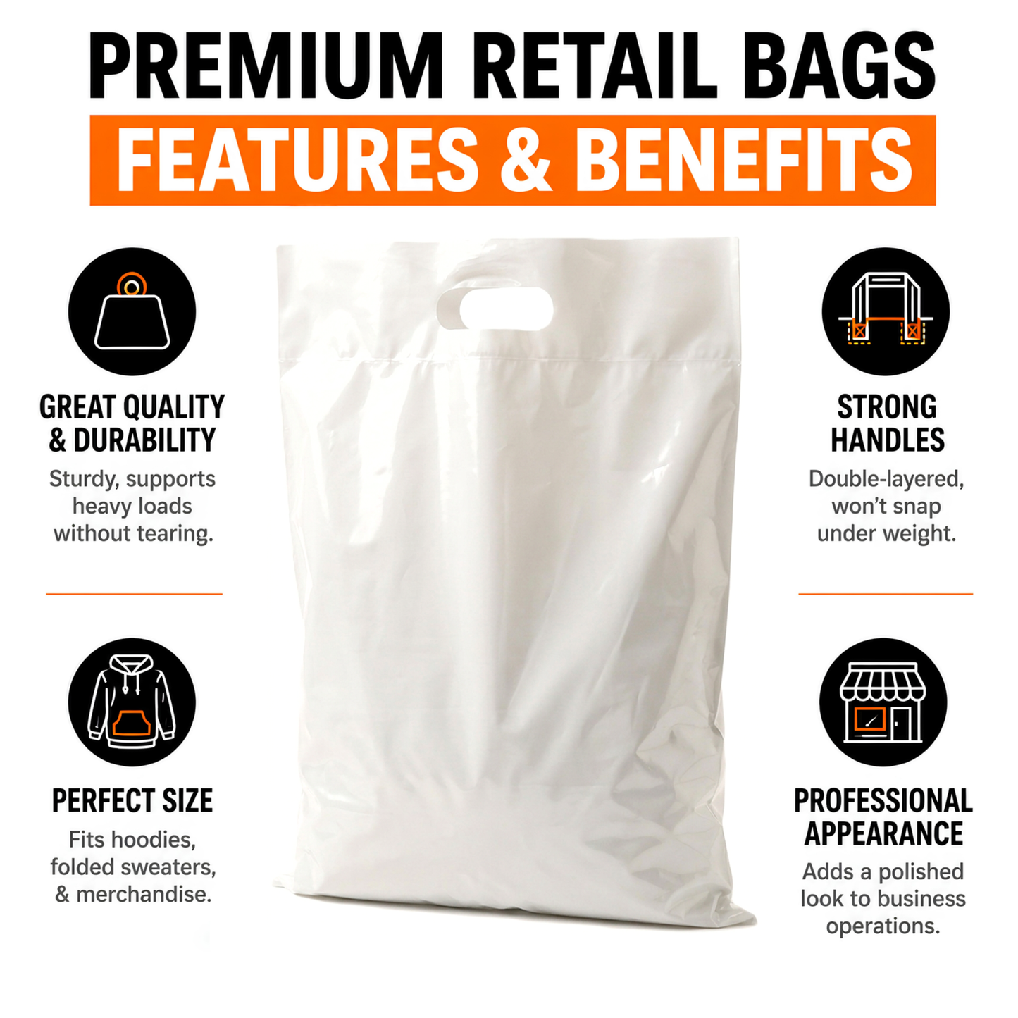 Durable Large Plastic Shopping Bags – 16x18 Reinforced Handles, 100 Pack in White