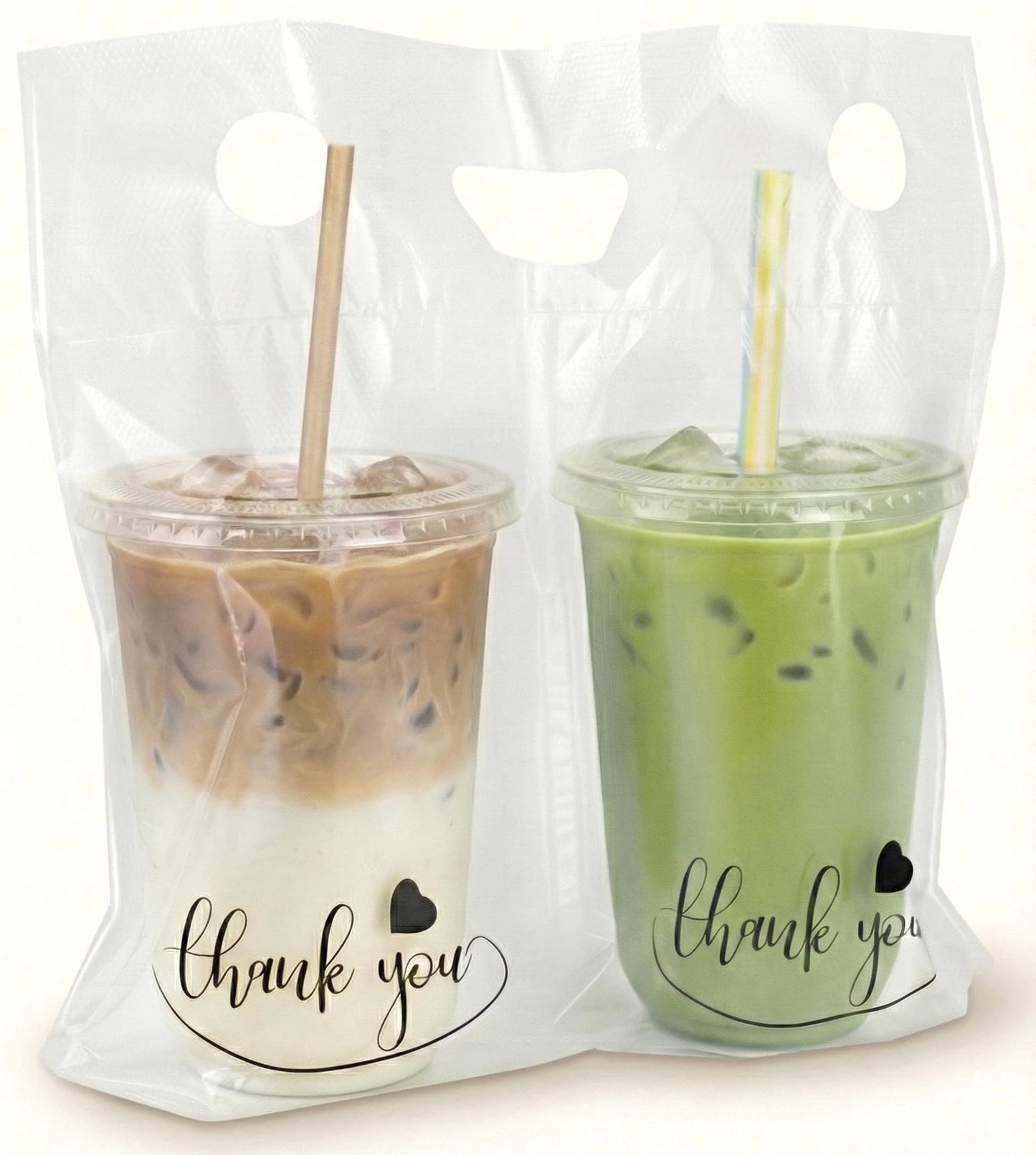 Camtoms Drink Carrier Bags - Clear Plastic Cup Holder Bags with Handle - Heavy Duty 2-Cup Carrier Fits 32oz Drinks - 14" Wide Design for Food Delivery, Catering, Hot or Cold Beverages - Camtoms
