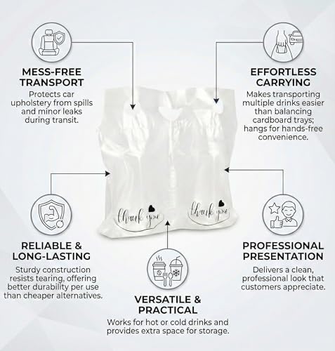 Drink Carrier Bags - Heavy Duty 2-Cup Carrier for Food Delivery