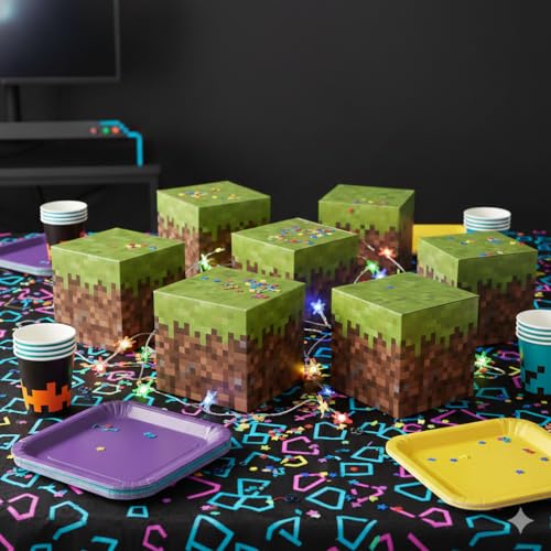 Large Pixel Party Favor Boxes – 8-Pack Sturdy Cardboard Cubes for Gaming Events