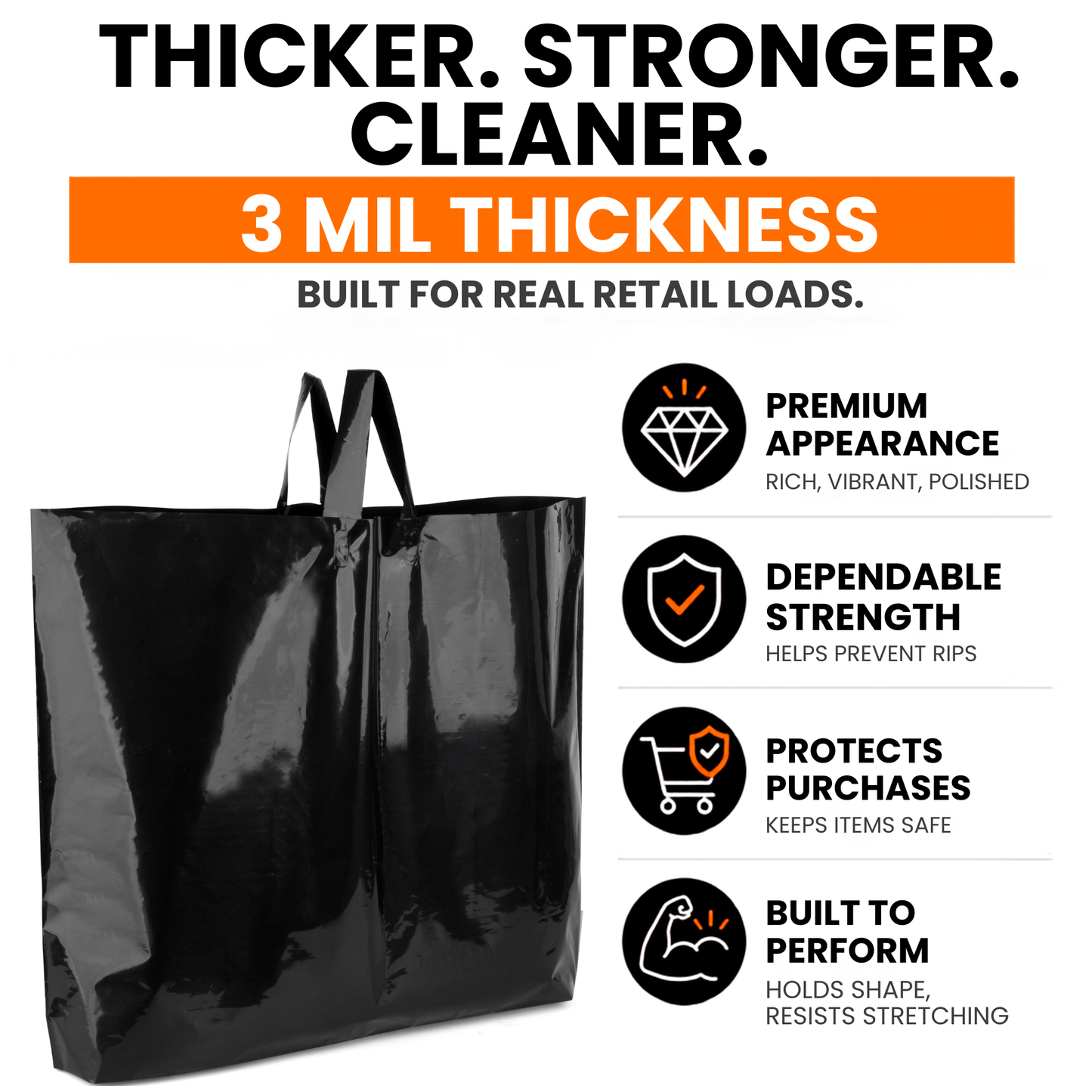 Large Plastic Shopping Bags - Black, 60pcs for Your Boutique