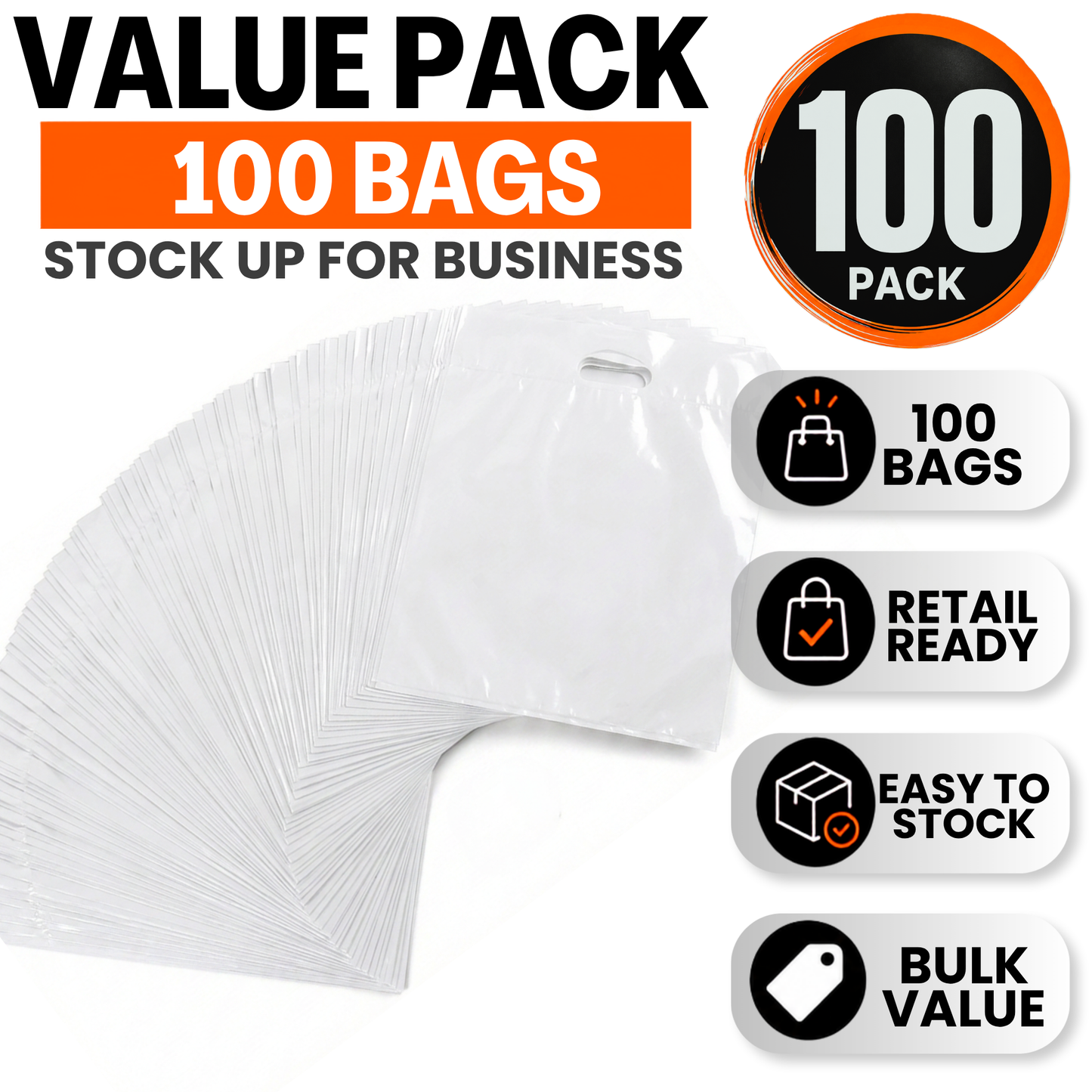 Durable Large Plastic Shopping Bags – 16x18 Reinforced Handles, 100 Pack in White
