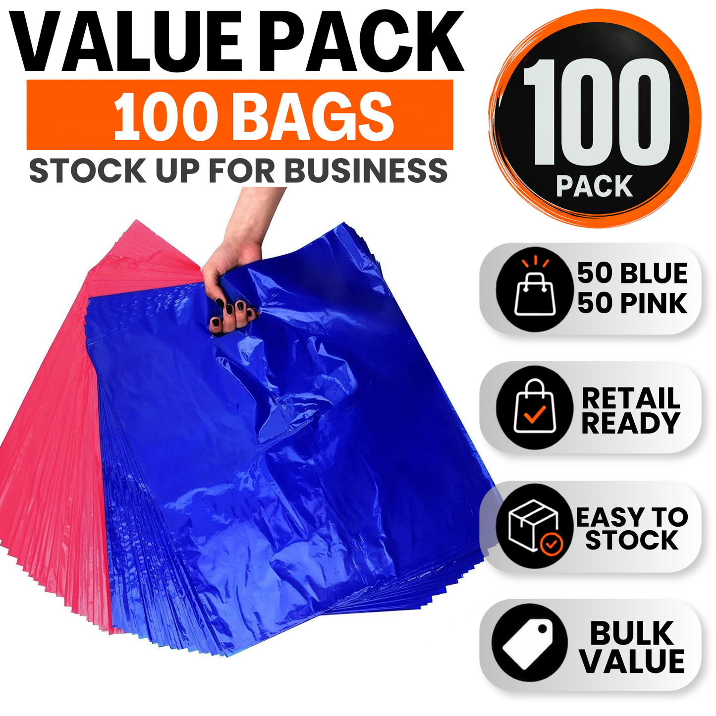 Thick Plastic Retail Bags - 16x18 Large Shopping Bags with Reinforced Handles, Pink & Blue, 100 Pack