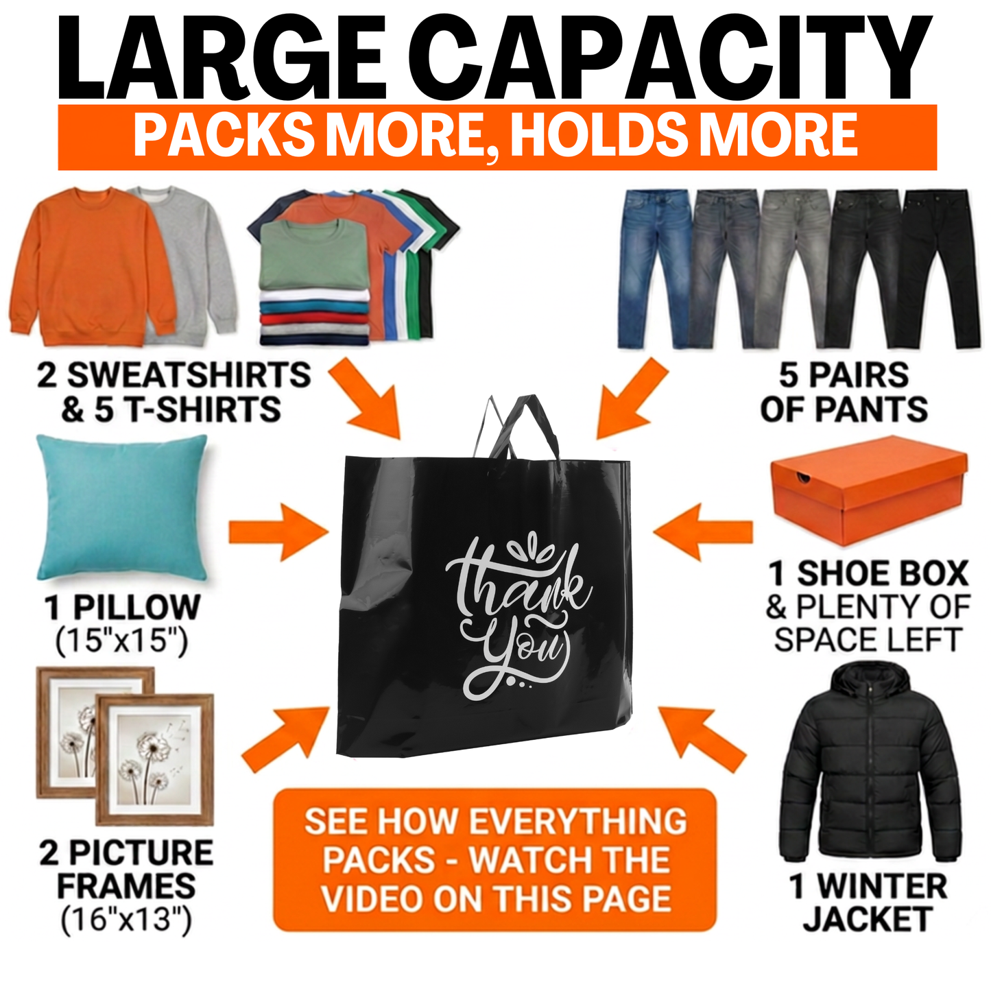 Large Thank You Bags - 60 Premium Black Shopping Bags
