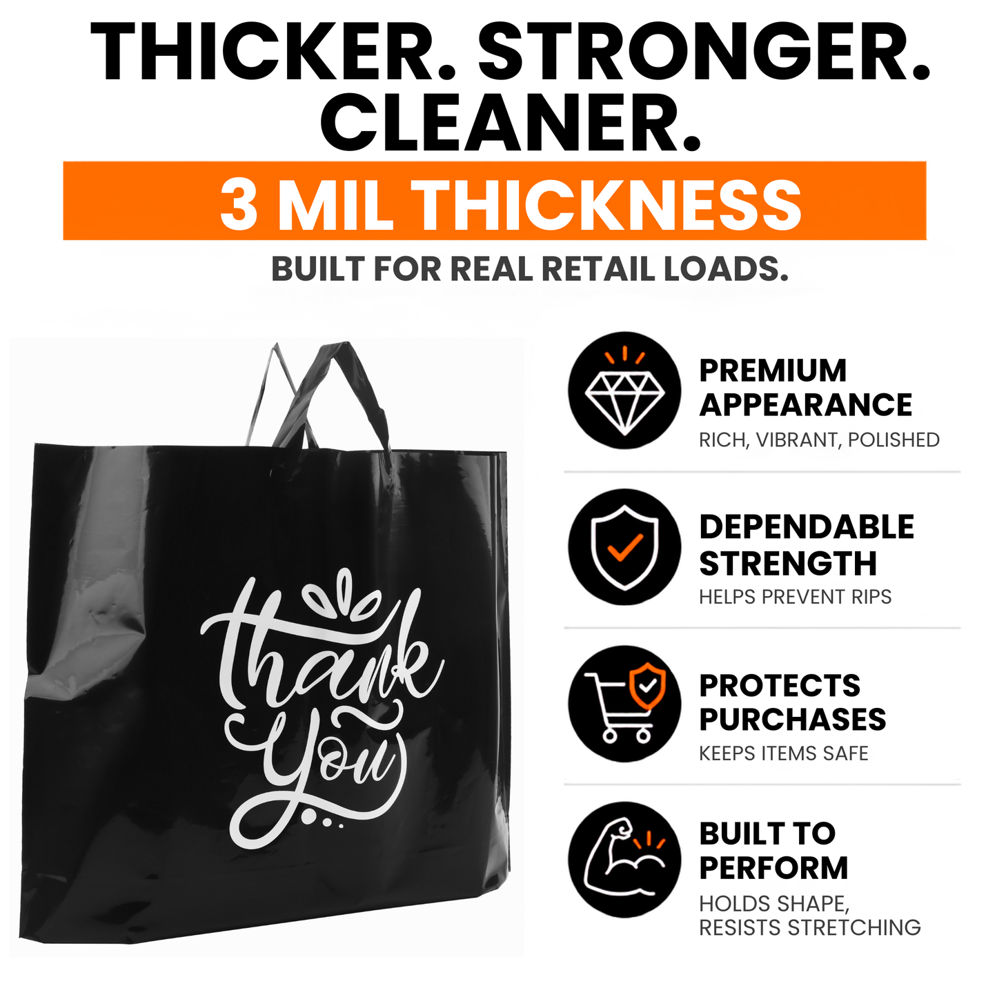 Large Thank You Bags - 60 Premium Black Shopping Bags