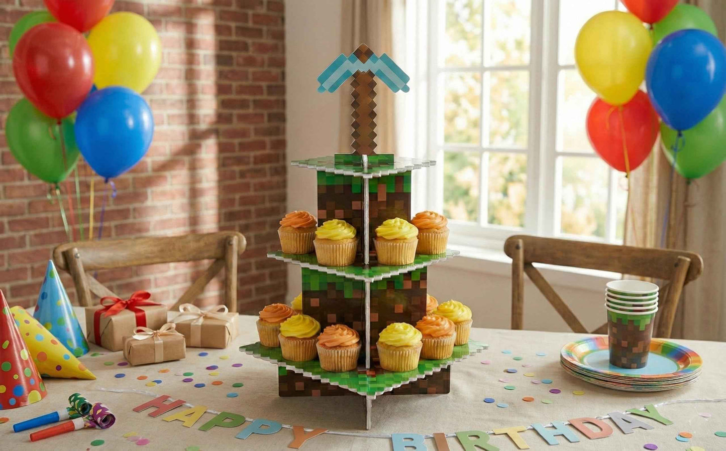 Camtoms Cupcake Stands for Miner Crafting Birthday Party Decorations, Pixel Game Style Cupcake Holder