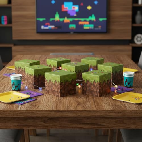 Large Pixel Party Favor Boxes – 8-Pack Sturdy Cardboard Cubes for Gaming Events