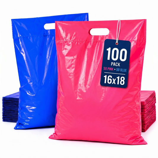 Thick Plastic Retail Bags - 16x18 Large Shopping Bags with Reinforced Handles, Pink & Blue, 100 Pack
