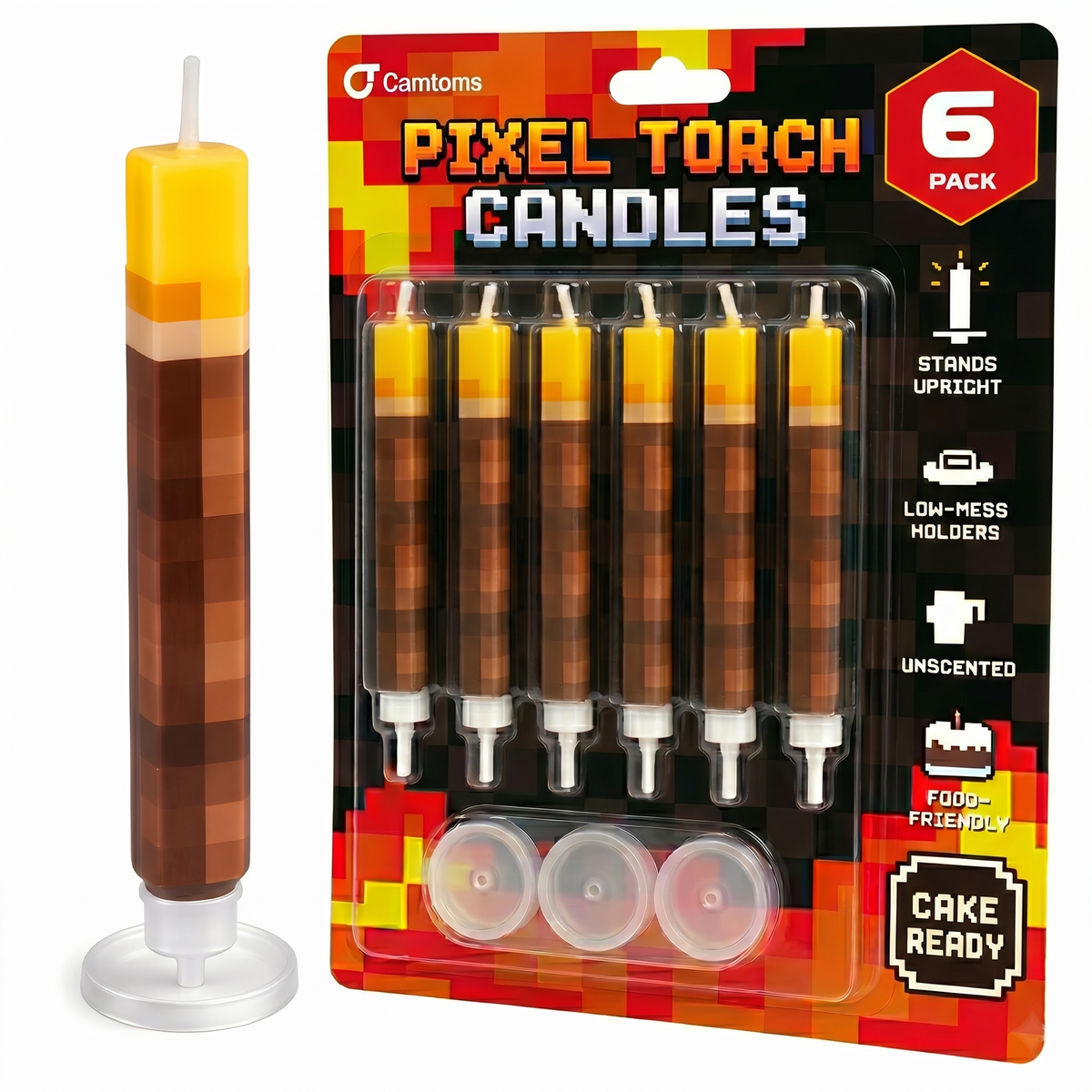 Pixel Birthday Candles – Large 3-Inch Wax Candles with Drip Guards for Gaming Themed Cakes, Set of 5