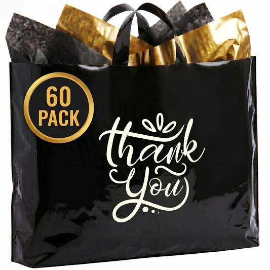 Large Thank You Bags - 60 Premium Black Shopping Bags