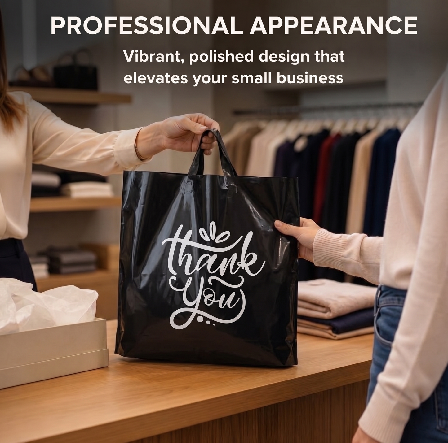 Large Thank You Bags - 60 Premium Black Shopping Bags