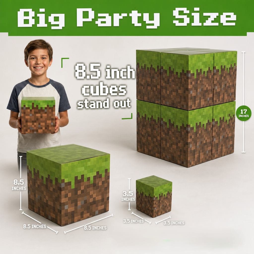 Large Pixel Party Favor Boxes – 8-Pack Sturdy Cardboard Cubes for Gaming Events