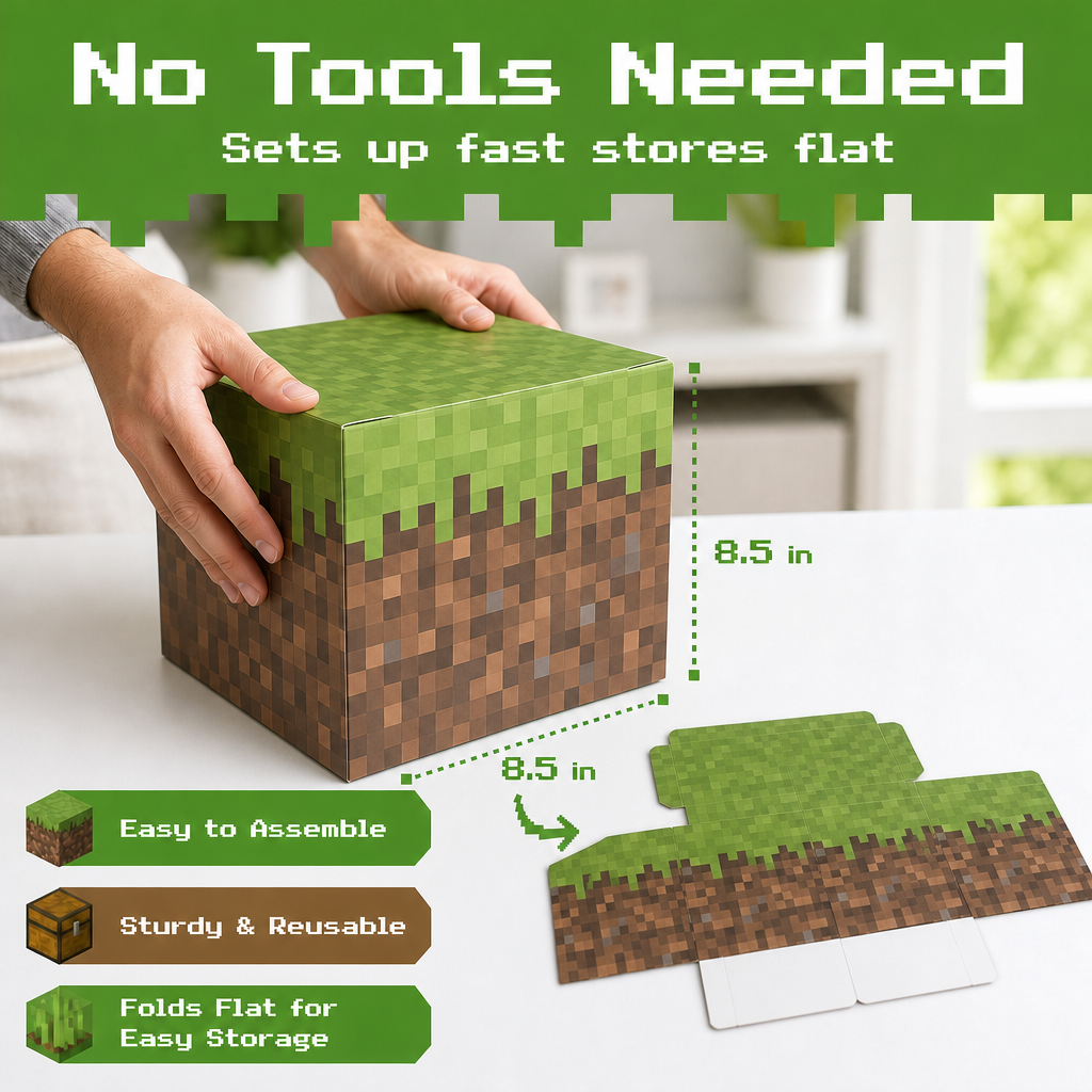 Large Pixel Party Favor Boxes – 8-Pack Sturdy Cardboard Cubes for Gaming Events