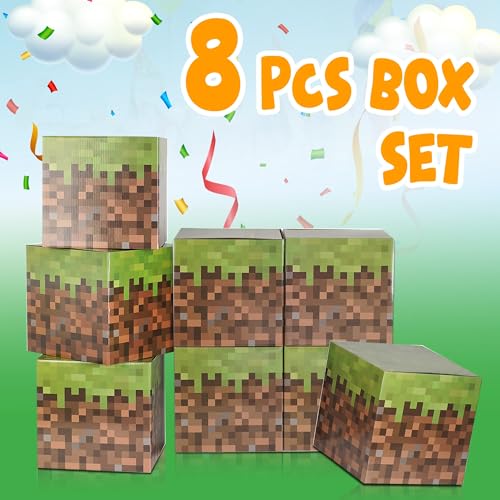 Large Pixel Party Favor Boxes – 8-Pack Sturdy Cardboard Cubes for Gaming Events