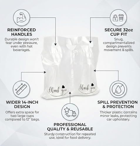 Drink Carrier Bags - Heavy Duty 2-Cup Carrier for Food Delivery