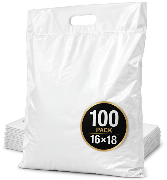 Durable Large Plastic Shopping Bags – 16x18 Reinforced Handles, 100 Pack in White